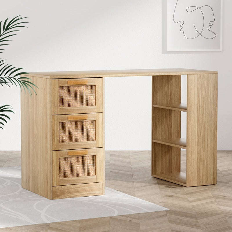 Rattan 3 Drawer Computer Desk Oak - Furniture > Office - Rivercity House & Home Co. (ABN 18 642 972 209) - Affordable Modern Furniture Australia