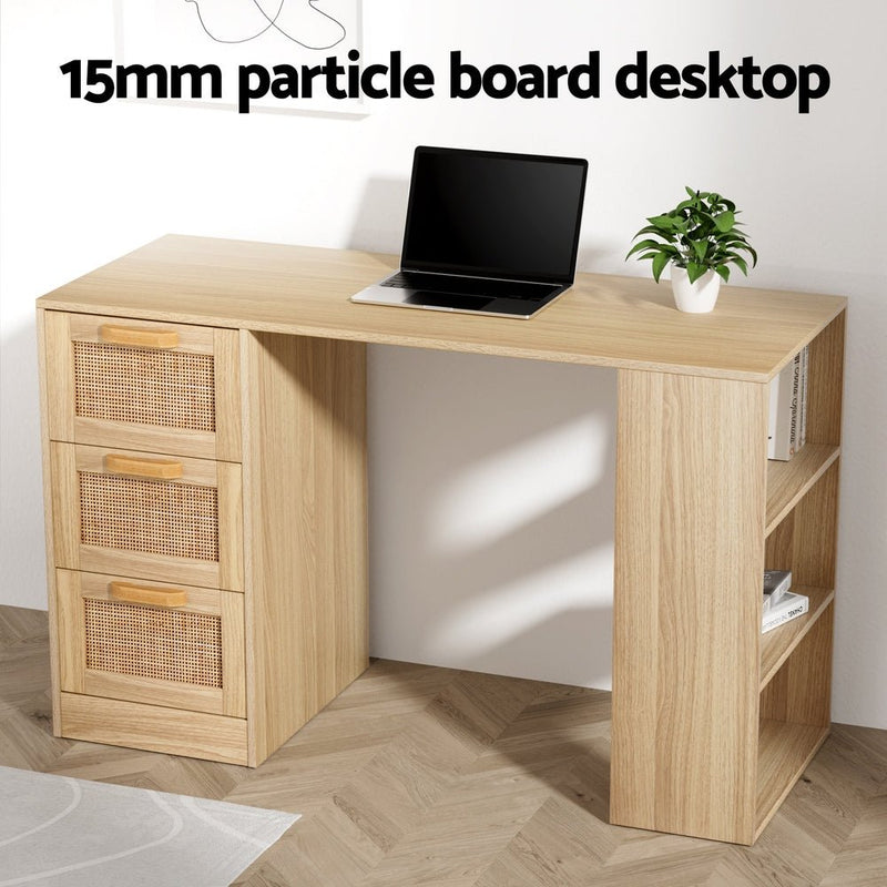 Rattan 3 Drawer Computer Desk Oak - Furniture > Office - Rivercity House & Home Co. (ABN 18 642 972 209) - Affordable Modern Furniture Australia