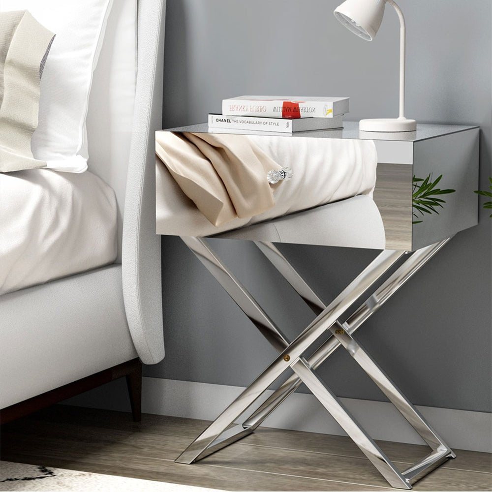 Mirrored Bedside Table Silver - Furniture > Bedroom - Rivercity House & Home Co. (ABN 18 642 972 209) - Affordable Modern Furniture Australia