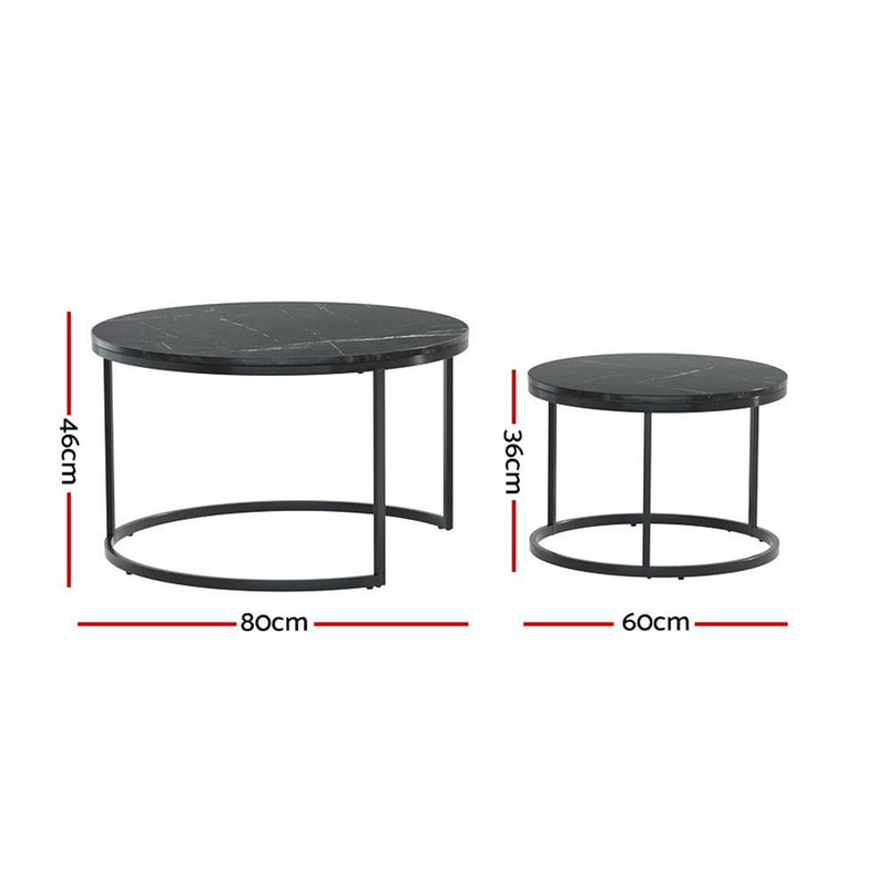 Nesting Coffee Tables Set of 2 Marble-effect Top 80/60CM Black - Furniture > Living Room - Rivercity House & Home Co. (ABN 18 642 972 209) - Affordable Modern Furniture Australia