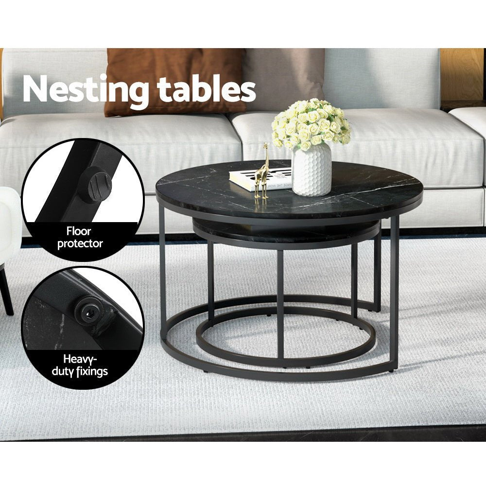 Nesting Coffee Tables Set of 2 Marble-effect Top 80/60CM Black - Furniture > Living Room - Rivercity House & Home Co. (ABN 18 642 972 209) - Affordable Modern Furniture Australia