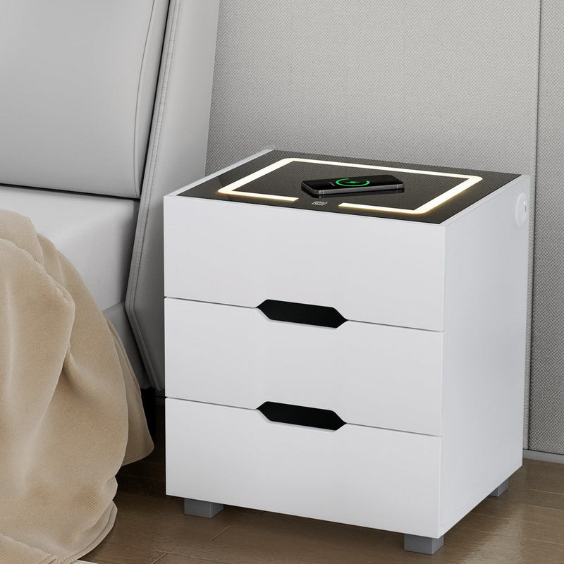 Smart LED 3 Drawer Bedside Table with Wireless Charging White - Furniture > Bedroom - Rivercity House & Home Co. (ABN 18 642 972 209) - Affordable Modern Furniture Australia