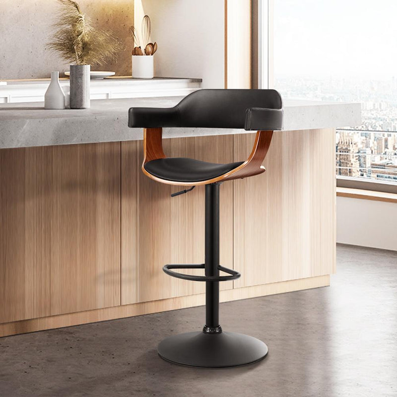 Bar Stool Curved Gas Lift PU Leather - Black and Wood - Furniture > Bar Stools & Chairs - Rivercity House And Home Co.