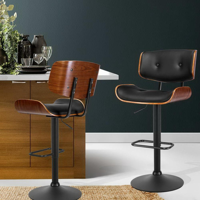Bar Stool Gas Lift Wooden PU Leather - Black and Wood - Furniture > Bar Stools & Chairs - Rivercity House And Home Co.