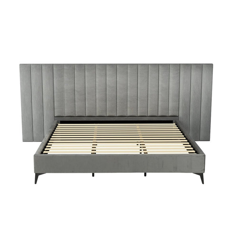 Bed Frame King Size Bed Base w Oversized Headboard Velvet Fabric Grey - Furniture > Bedroom - Rivercity House & Home Co. (ABN 18 642 972 209)