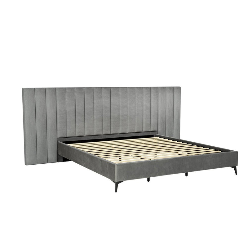 Bed Frame King Size Bed Base w Oversized Headboard Velvet Fabric Grey - Furniture > Bedroom - Rivercity House & Home Co. (ABN 18 642 972 209)