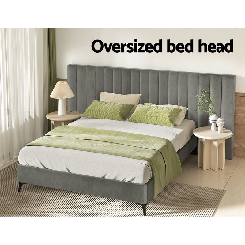 Bed Frame Queen Size Bed Base w Oversized Headboard Velvet Fabric Grey - Furniture > Bedroom - Rivercity House & Home Co. (ABN 18 642 972 209)