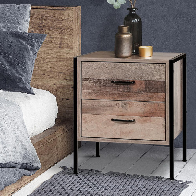 Bedside Table Drawers Nightstand Metal Oak - Furniture > Bedroom - Rivercity House & Home Co. (ABN 18 642 972 209) - Affordable Modern Furniture Australia