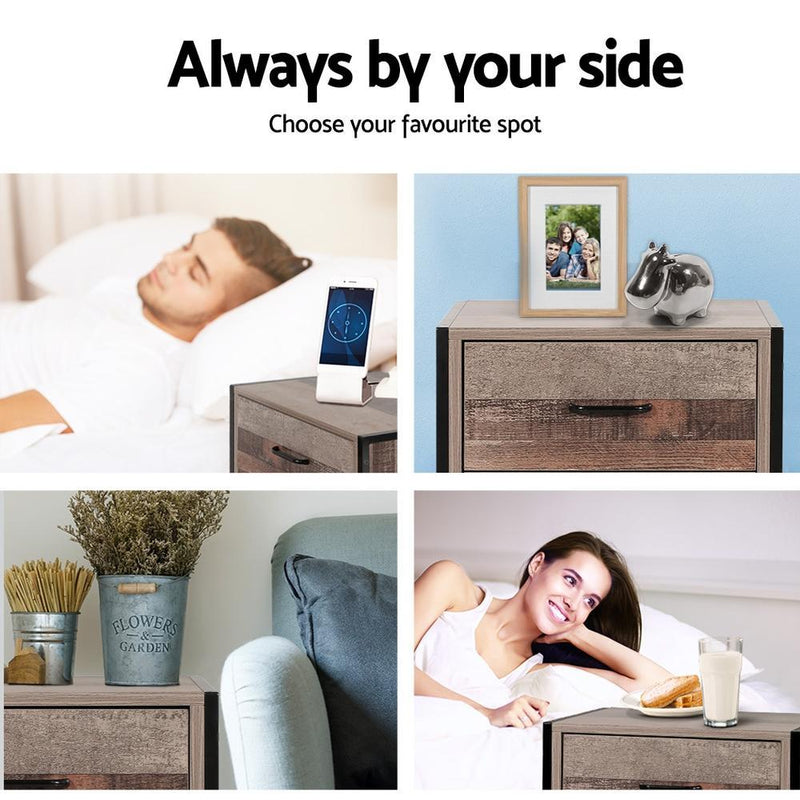 Bedside Table Drawers Nightstand Metal Oak - Furniture > Bedroom - Rivercity House & Home Co. (ABN 18 642 972 209) - Affordable Modern Furniture Australia