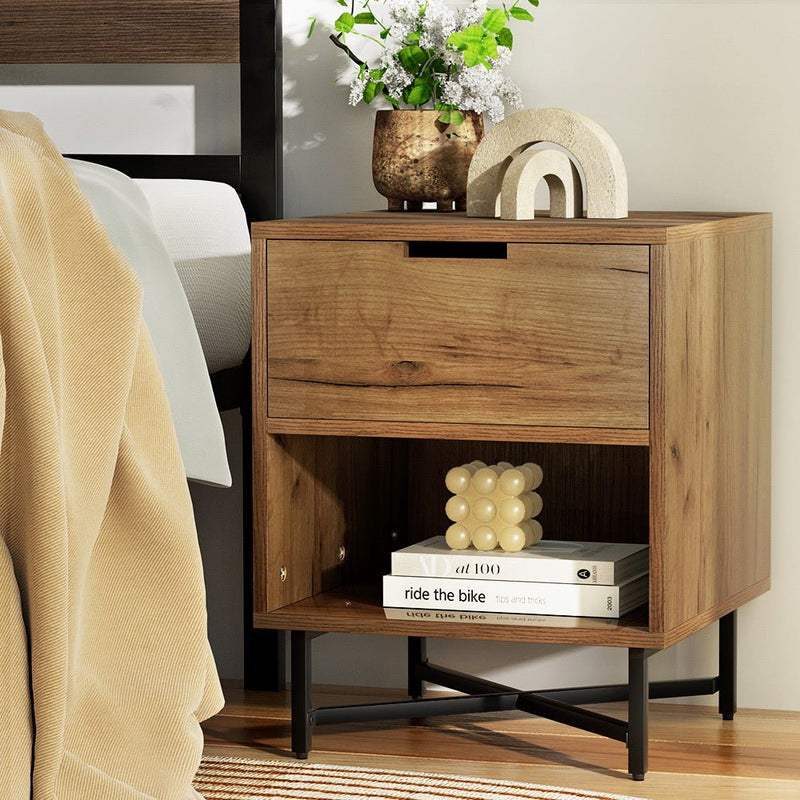 Industrial Style Bedside Table With Drawer Oak - Furniture > Bedroom - Rivercity House & Home Co. (ABN 18 642 972 209) - Affordable Modern Furniture Australia