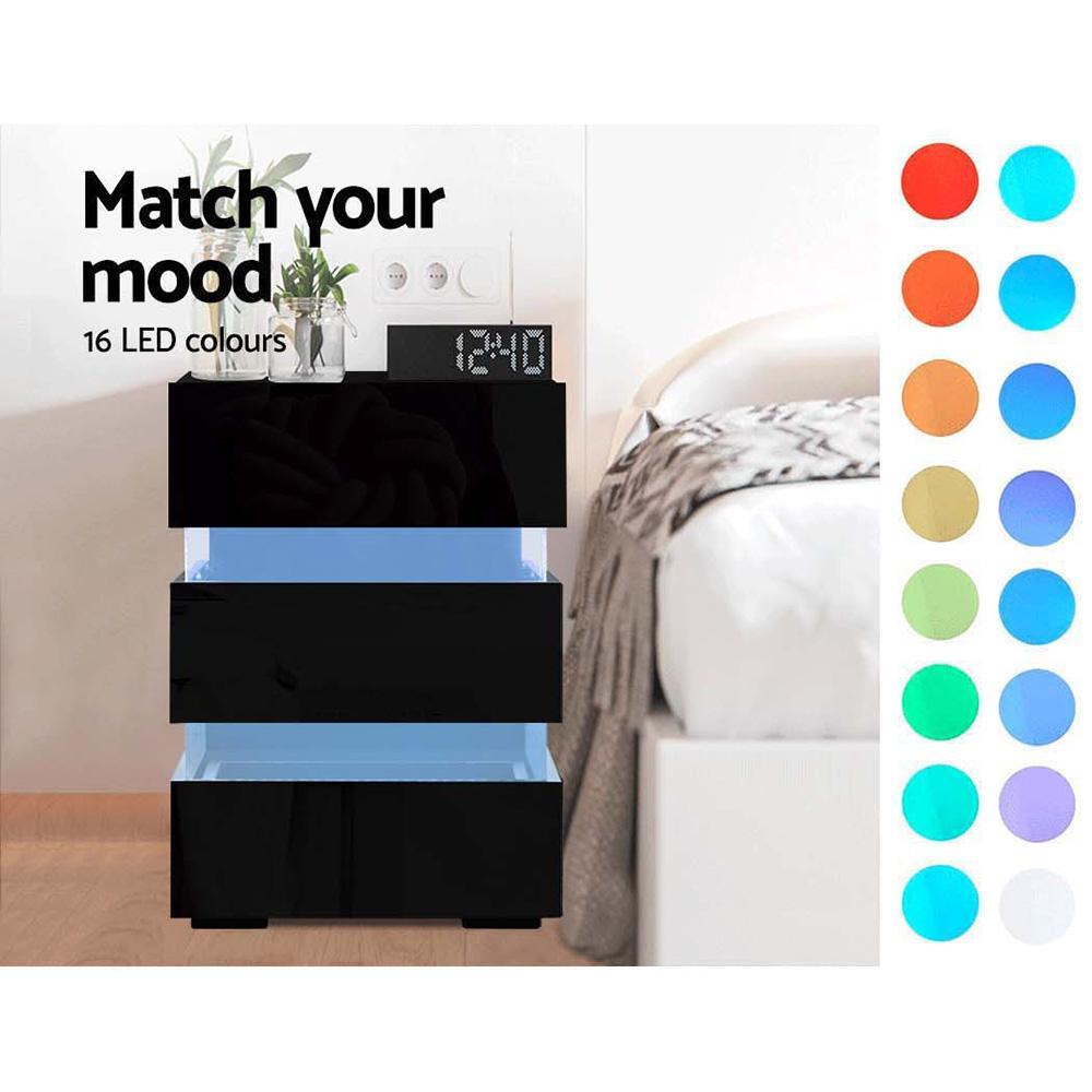 Bedside Table Side Unit RGB LED Lamp 3 Drawers Nightstand Gloss Furniture Black - Rivercity House & Home Co. (ABN 18 642 972 209) - Affordable Modern Furniture Australia
