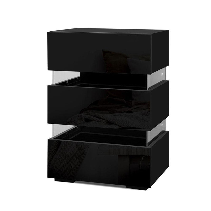 Bedside Table Side Unit RGB LED Lamp 3 Drawers Nightstand Gloss Furniture Black - Rivercity House & Home Co. (ABN 18 642 972 209) - Affordable Modern Furniture Australia