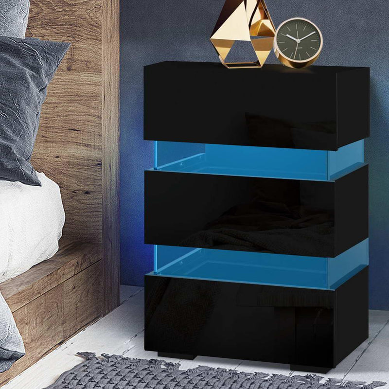 Bedside Table Side Unit RGB LED Lamp 3 Drawers Nightstand Gloss Furniture Black - Rivercity House & Home Co. (ABN 18 642 972 209) - Affordable Modern Furniture Australia