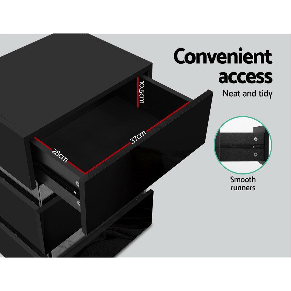 Bedside Table Side Unit RGB LED Lamp 3 Drawers Nightstand Gloss Furniture Black - Rivercity House & Home Co. (ABN 18 642 972 209) - Affordable Modern Furniture Australia