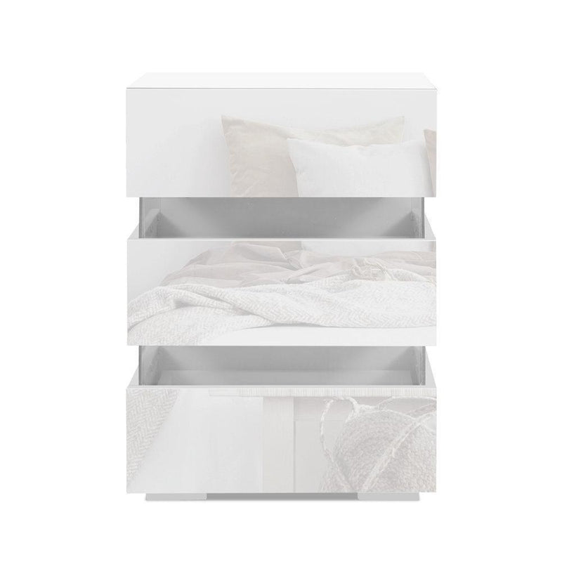 Bedside Table Side Unit RGB LED Lamp 3 Drawers Nightstand Gloss Furniture White - Furniture > Bedroom - Rivercity House And Home Co.