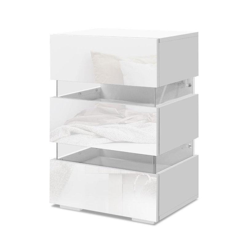 Bedside Table Side Unit RGB LED Lamp 3 Drawers Nightstand Gloss Furniture White - Rivercity House & Home Co. (ABN 18 642 972 209) - Affordable Modern Furniture Australia