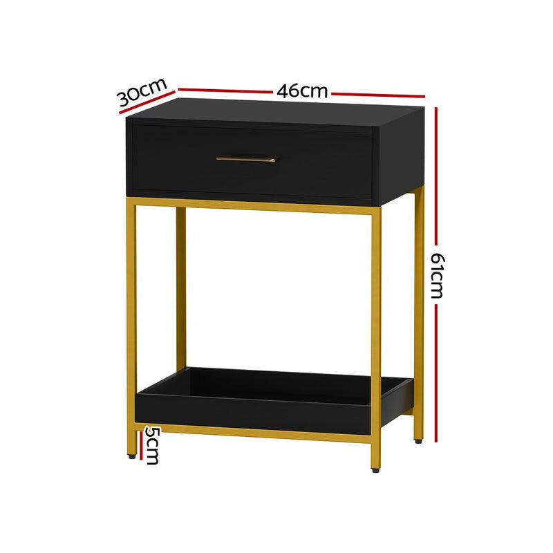 Bedside Table With Top Drawer & Bottom Tray - Black With Gold Trim - Furniture > Bedroom - Rivercity House & Home Co. (ABN 18 642 972 209) - Affordable Modern Furniture Australia