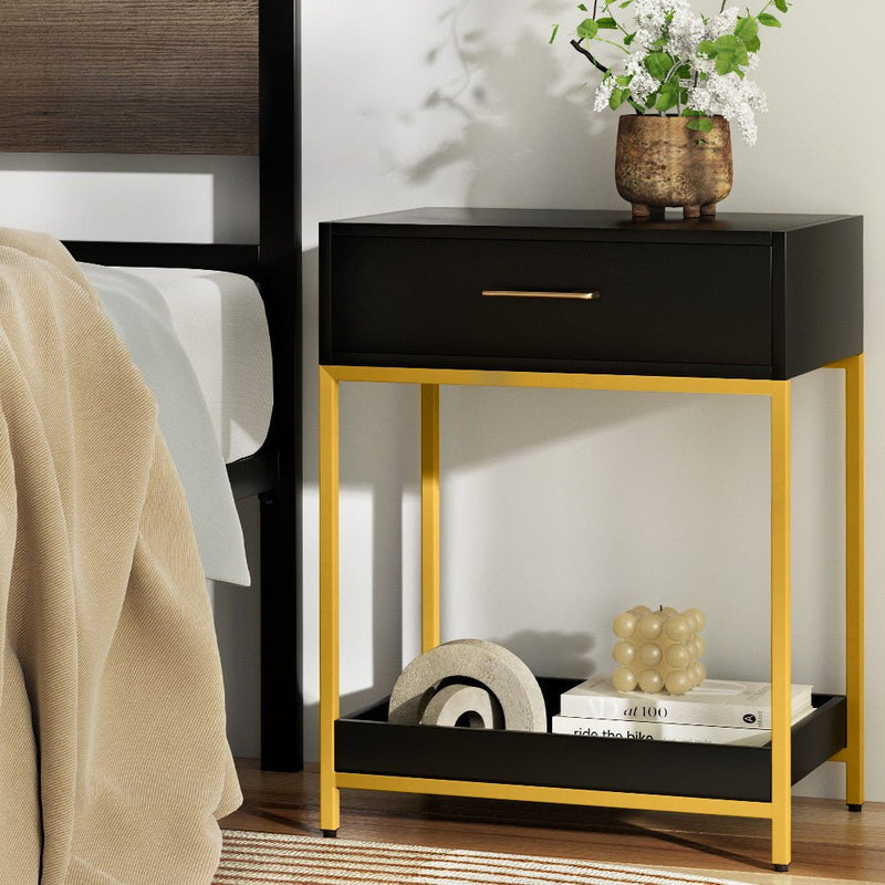 Bedside Table With Top Drawer & Bottom Tray - Black With Gold Trim - Furniture > Bedroom - Rivercity House & Home Co. (ABN 18 642 972 209) - Affordable Modern Furniture Australia