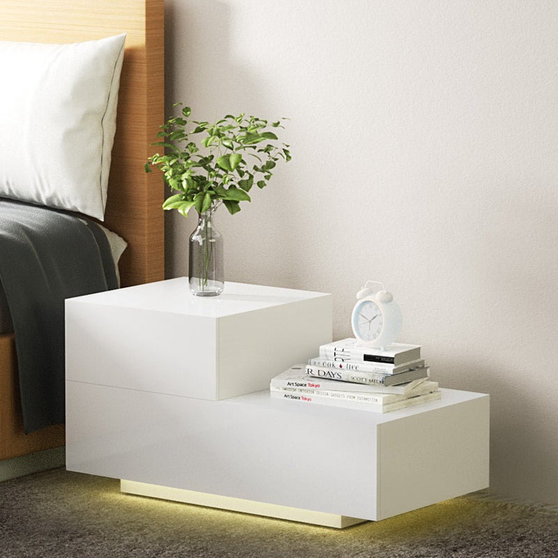 Bedside Tables 2 Drawers Side Table RGB LED High Gloss Nightstand White - Rivercity House & Home Co. (ABN 18 642 972 209) - Affordable Modern Furniture Australia