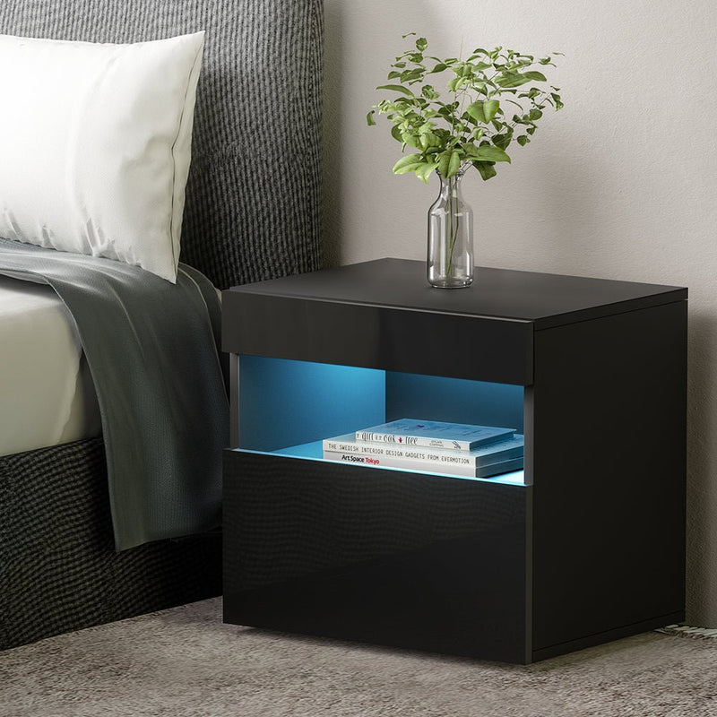 Bedside Tables Drawers Side Table RGB LED High Gloss Nightstand Black - Rivercity House & Home Co. (ABN 18 642 972 209) - Affordable Modern Furniture Australia