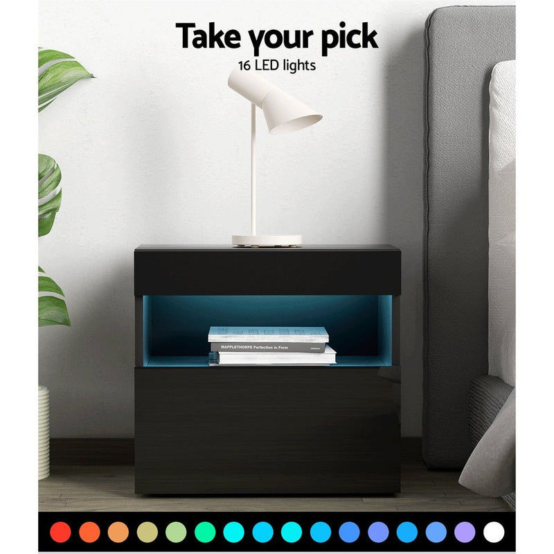 Bedside Tables Drawers Side Table RGB LED High Gloss Nightstand Black - Rivercity House & Home Co. (ABN 18 642 972 209) - Affordable Modern Furniture Australia