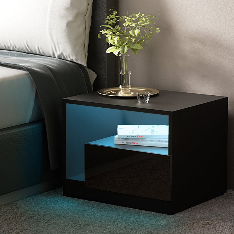 Bedside Tables Side Table RGB LED Drawers High Gloss Nightstand Black - Furniture > Bedroom - Rivercity House & Home Co. (ABN 18 642 972 209)