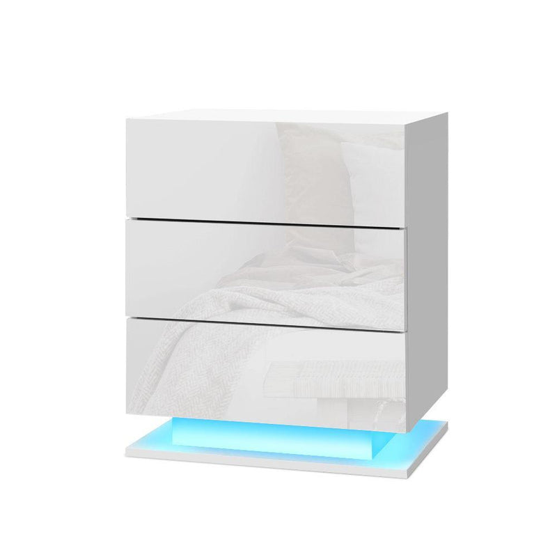 Bedside Tables Side Table RGB LED Lamp 3 Drawers Nightstand Gloss White - Rivercity House & Home Co. (ABN 18 642 972 209) - Affordable Modern Furniture Australia