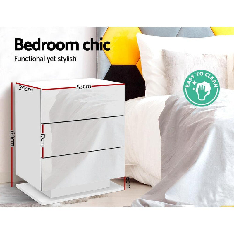 Bedside Tables Side Table RGB LED Lamp 3 Drawers Nightstand Gloss White - Rivercity House & Home Co. (ABN 18 642 972 209) - Affordable Modern Furniture Australia