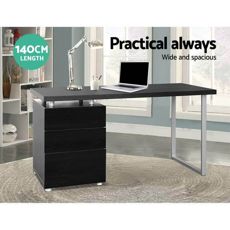 Black Computer Desk with 3 Drawers (140CM Long) - Furniture - Rivercity House & Home Co. (ABN 18 642 972 209) - Affordable Modern Furniture Australia