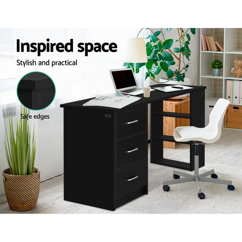 Black Computer Desk With 3 Drawers & Shelves 120cm - Furniture - Rivercity House And Home Co.