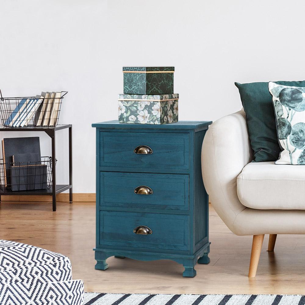 Blue Vintage Bedside Table With 3 Drawers (Single Item) - Furniture - Rivercity House & Home Co. (ABN 18 642 972 209) - Affordable Modern Furniture Australia