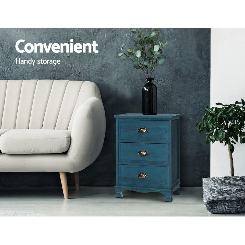 Blue Vintage Bedside Table With 3 Drawers (Single Item) - Furniture - Rivercity House & Home Co. (ABN 18 642 972 209) - Affordable Modern Furniture Australia