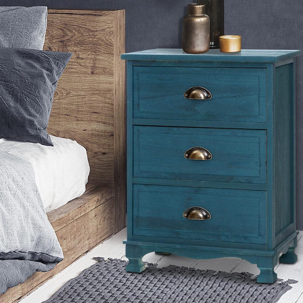 Blue Vintage Bedside Table With 3 Drawers (Single Item) - Furniture - Rivercity House & Home Co. (ABN 18 642 972 209) - Affordable Modern Furniture Australia