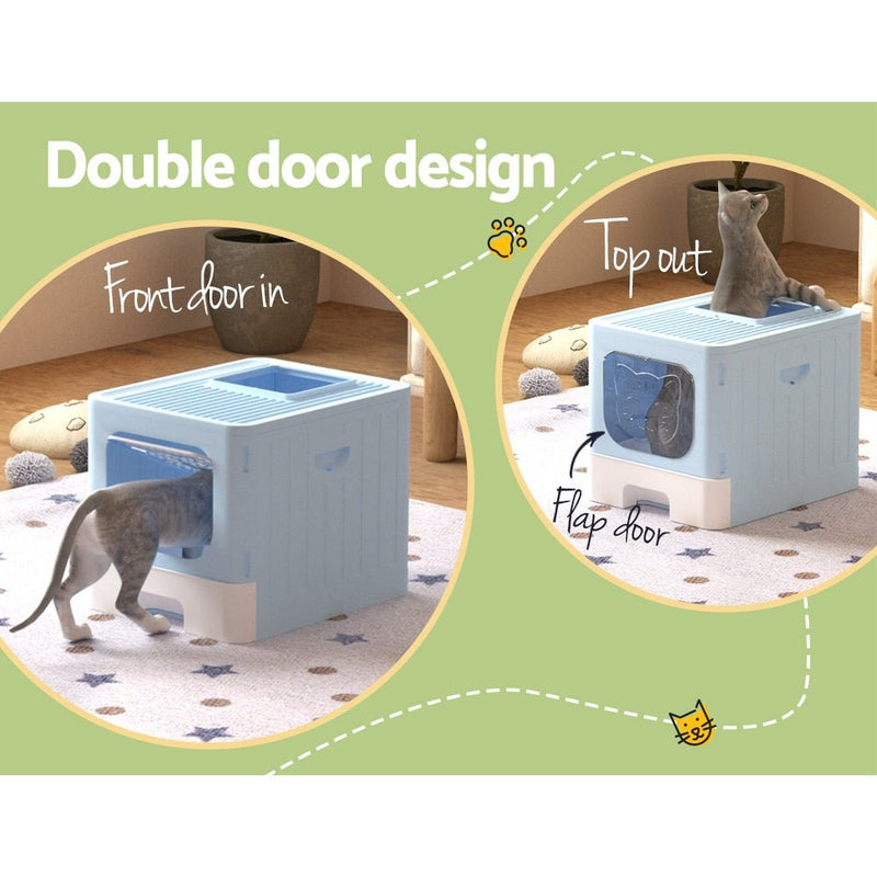 Cat Litter Box Large Tray Kitty Toilet Enclosed Hooded Foldable Scoop Blue - Pet Care > Cat Supplies - Rivercity House & Home Co. (ABN 18 642 972 209) - Affordable Modern Furniture Australia