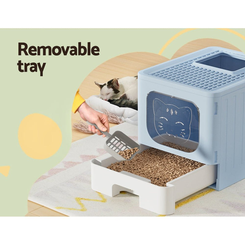 Cat Litter Box Large Tray Kitty Toilet Enclosed Hooded Foldable Scoop Blue - Pet Care > Cat Supplies - Rivercity House & Home Co. (ABN 18 642 972 209) - Affordable Modern Furniture Australia