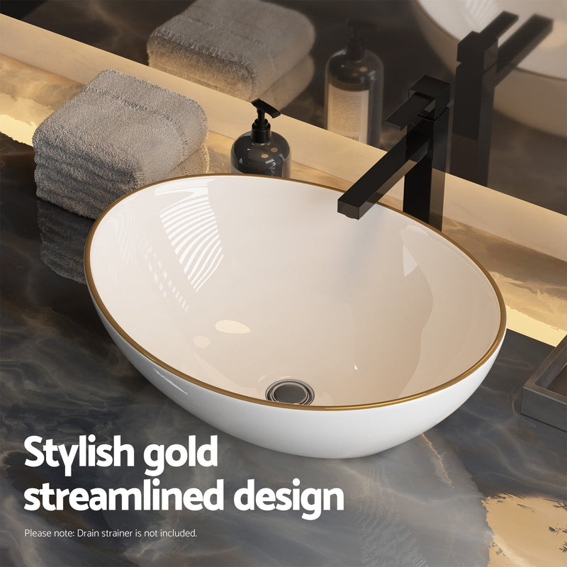 Ceramic Bathroom Basin Sink Hand Wash Bowl Gold Line 41x34cm - Home & Garden > DIY - Rivercity House & Home Co. (ABN 18 642 972 209) - Affordable Modern Furniture Australia