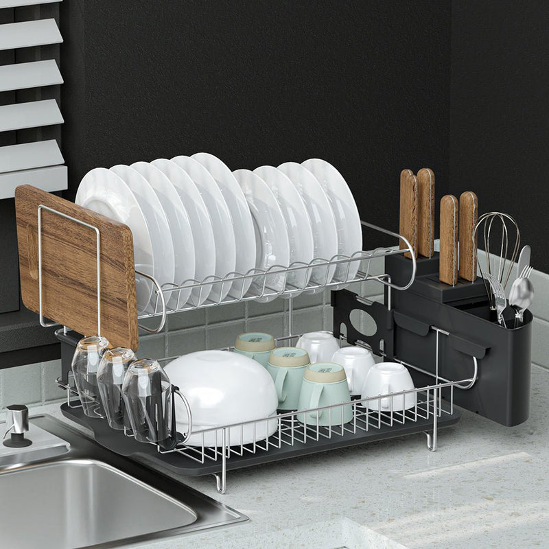 2 Tier Dish Drying Rack Silver and Black - Home & Garden > Kitchenware - Rivercity House & Home Co. (ABN 18 642 972 209) - Affordable Modern Furniture Australia