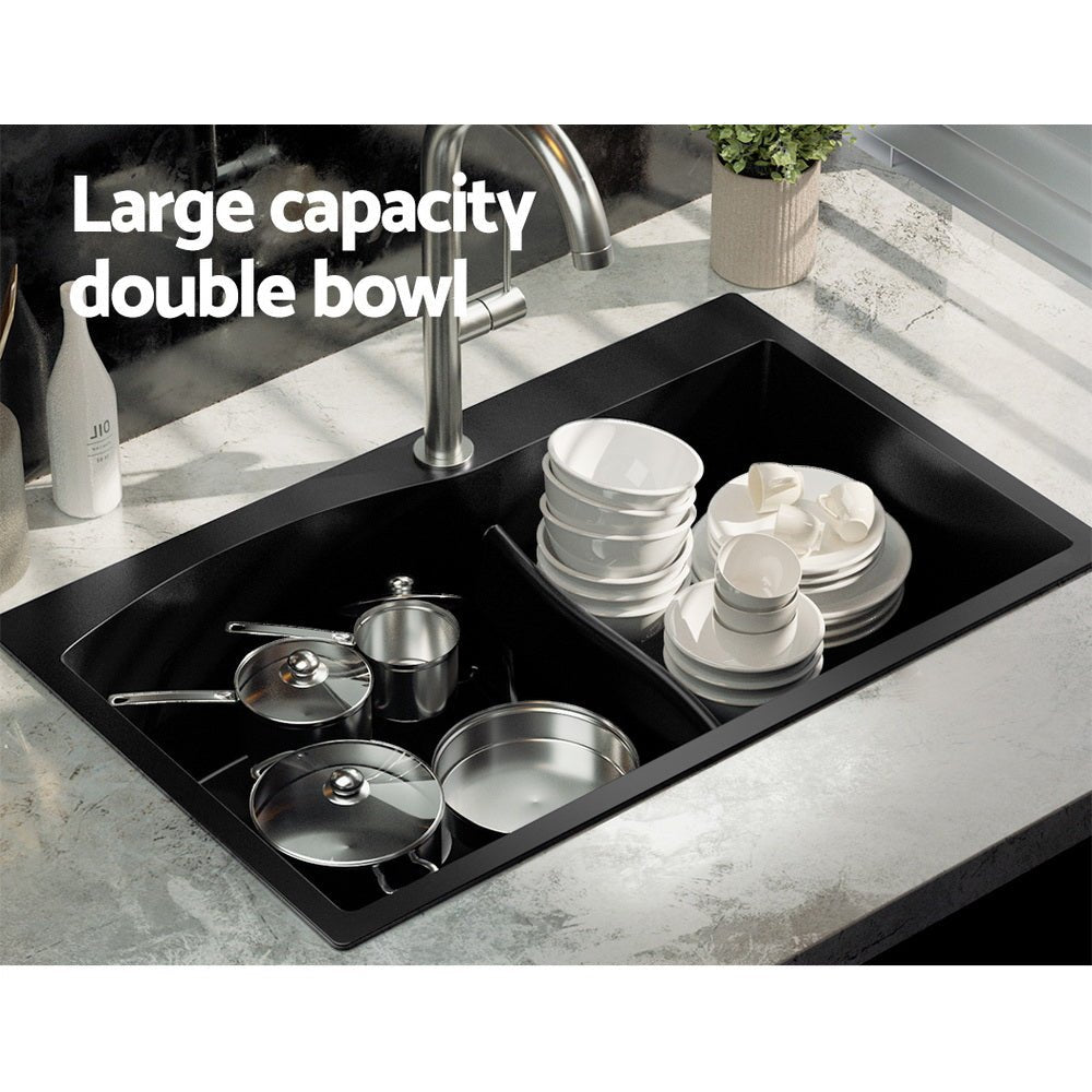 Kitchen Sink 76X47CM Granite Stone Basin Double Bowl Black - Home & Garden > DIY - Rivercity House & Home Co. (ABN 18 642 972 209) - Affordable Modern Furniture Australia