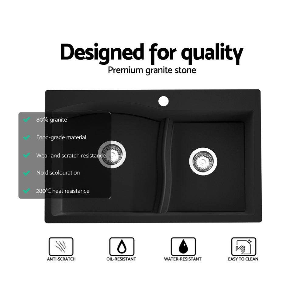 Kitchen Sink 76X47CM Granite Stone Basin Double Bowl Black - Home & Garden > DIY - Rivercity House & Home Co. (ABN 18 642 972 209) - Affordable Modern Furniture Australia