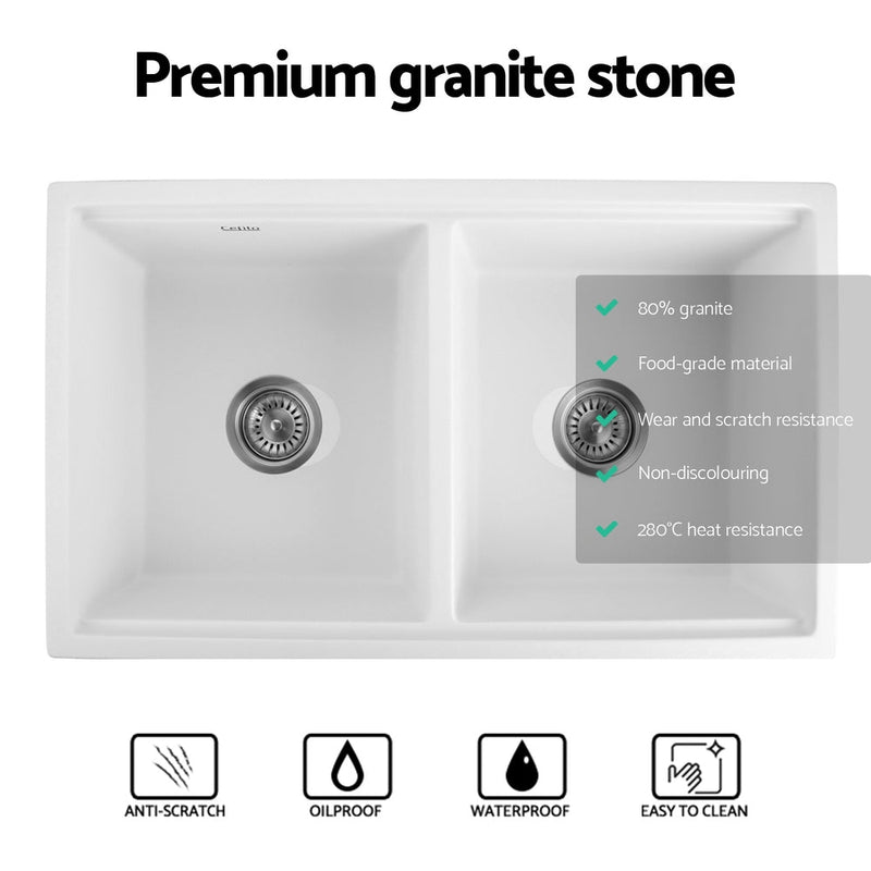 Kitchen Sink Stone Sink Granite Laundry Basin Double Bowl 79cmx46cm White - Home & Garden > DIY - Rivercity House & Home Co. (ABN 18 642 972 209) - Affordable Modern Furniture Australia