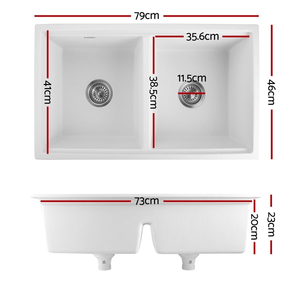 Kitchen Sink Stone Sink Granite Laundry Basin Double Bowl 79cmx46cm White - Home & Garden > DIY - Rivercity House & Home Co. (ABN 18 642 972 209) - Affordable Modern Furniture Australia