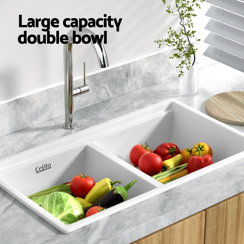 Kitchen Sink Stone Sink Granite Laundry Basin Double Bowl 79cmx46cm White - Home & Garden > DIY - Rivercity House & Home Co. (ABN 18 642 972 209) - Affordable Modern Furniture Australia