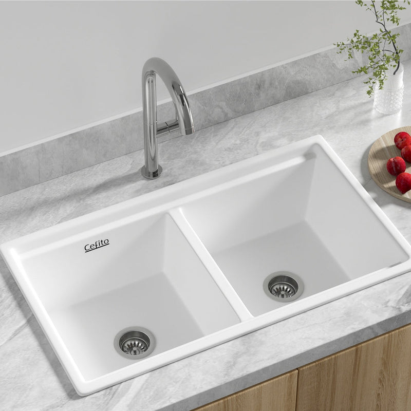 Kitchen Sink Stone Sink Granite Laundry Basin Double Bowl 79cmx46cm White - Home & Garden > DIY - Rivercity House & Home Co. (ABN 18 642 972 209) - Affordable Modern Furniture Australia