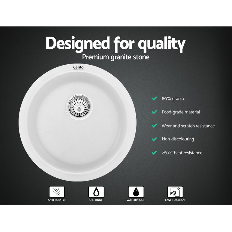 Cefito Stone Kitchen Sink Round 430MM Granite Under/Topmount Basin Bowl Laundry White - Home & Garden > Bathroom Accessories - Rivercity House & Home Co. (ABN 18 642 972 209) - Affordable Modern Furniture Australia