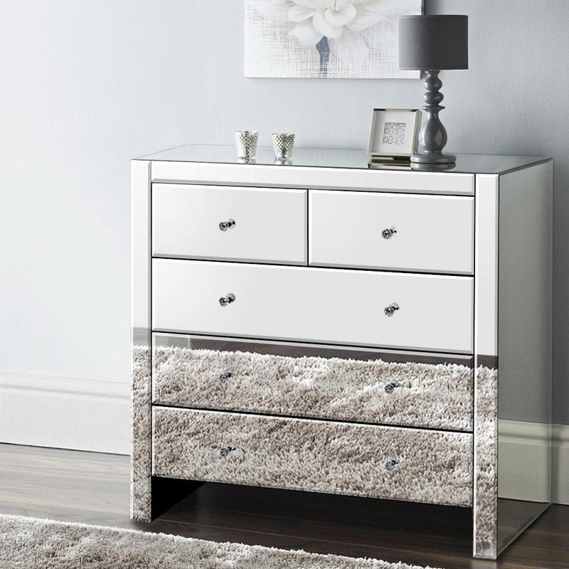 Chest of Drawers Tallboy Dresser Table Mirrored 5 Drawers Storage Cabinet - Furniture > Living Room - Rivercity House & Home Co. (ABN 18 642 972 209) - Affordable Modern Furniture Australia