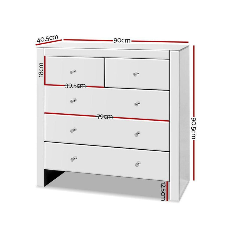 Chest of Drawers Tallboy Dresser Table Mirrored 5 Drawers Storage Cabinet - Furniture > Living Room - Rivercity House & Home Co. (ABN 18 642 972 209) - Affordable Modern Furniture Australia