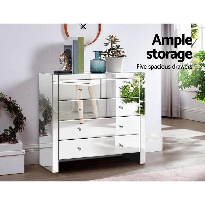 Chest of Drawers Tallboy Dresser Table Mirrored 5 Drawers Storage Cabinet - Furniture > Living Room - Rivercity House & Home Co. (ABN 18 642 972 209) - Affordable Modern Furniture Australia