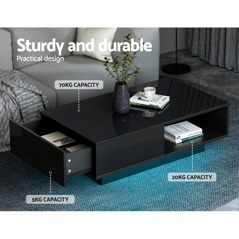 Coffee Table LED Lights High Gloss Storage Drawer Modern Furniture Black - Furniture > Living Room - Rivercity House & Home Co. (ABN 18 642 972 209)