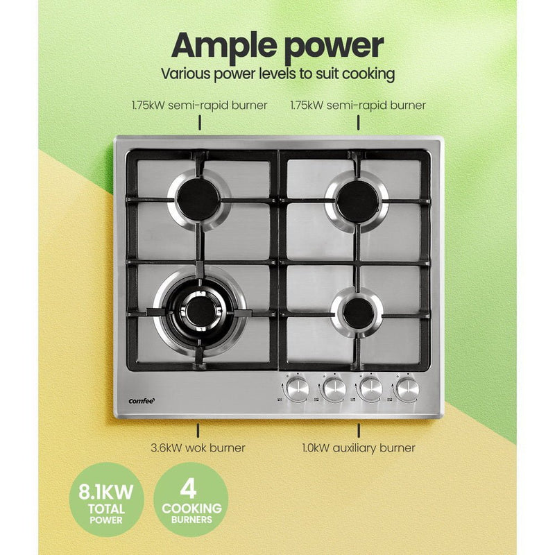 Comfee 60cm Gas Cooktop Stainless Steel 4 Burners Kitchen Stove Cook Top NG LPG - Appliances > Kitchen Appliances - Rivercity House & Home Co. (ABN 18 642 972 209) - Affordable Modern Furniture Australia