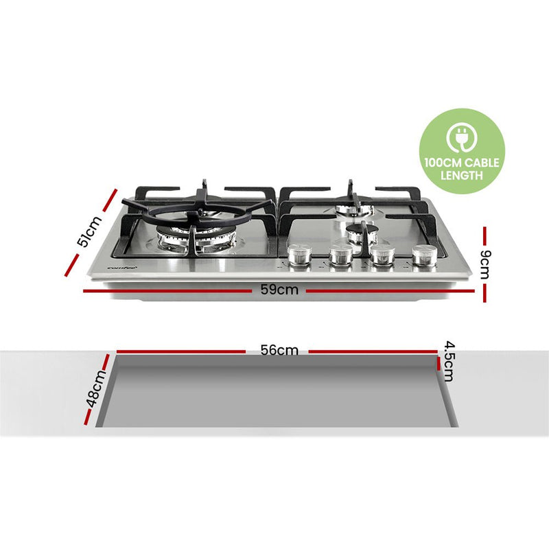 Comfee 60cm Gas Cooktop Stainless Steel 4 Burners Kitchen Stove Cook Top NG LPG - Appliances > Kitchen Appliances - Rivercity House & Home Co. (ABN 18 642 972 209) - Affordable Modern Furniture Australia